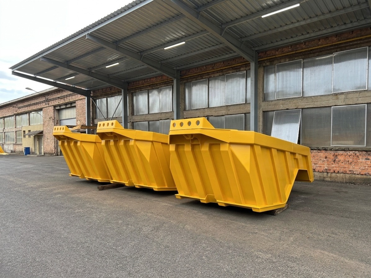 Large yellow welded steel structures at the Minetechnik site